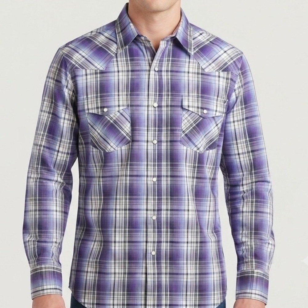 Wrangler Western Shirt Mens Medium Purple Plaid Pearl Snap Long Sleeve Cowboy